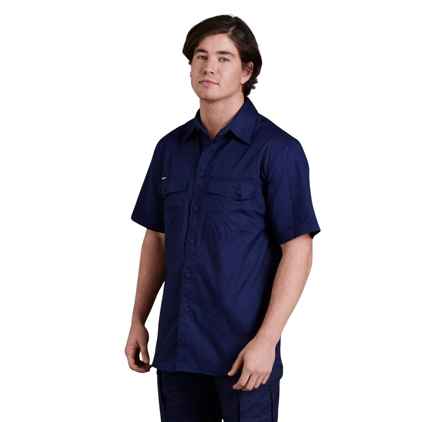 Person wearing a navy blue short-sleeve shirt on a white background