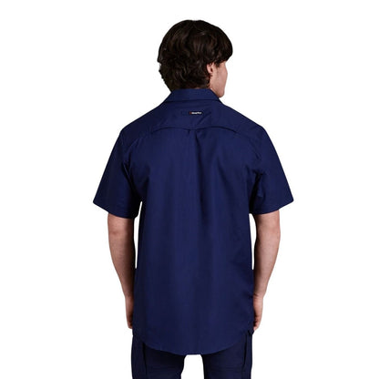 Person wearing a navy blue shirt on a white background