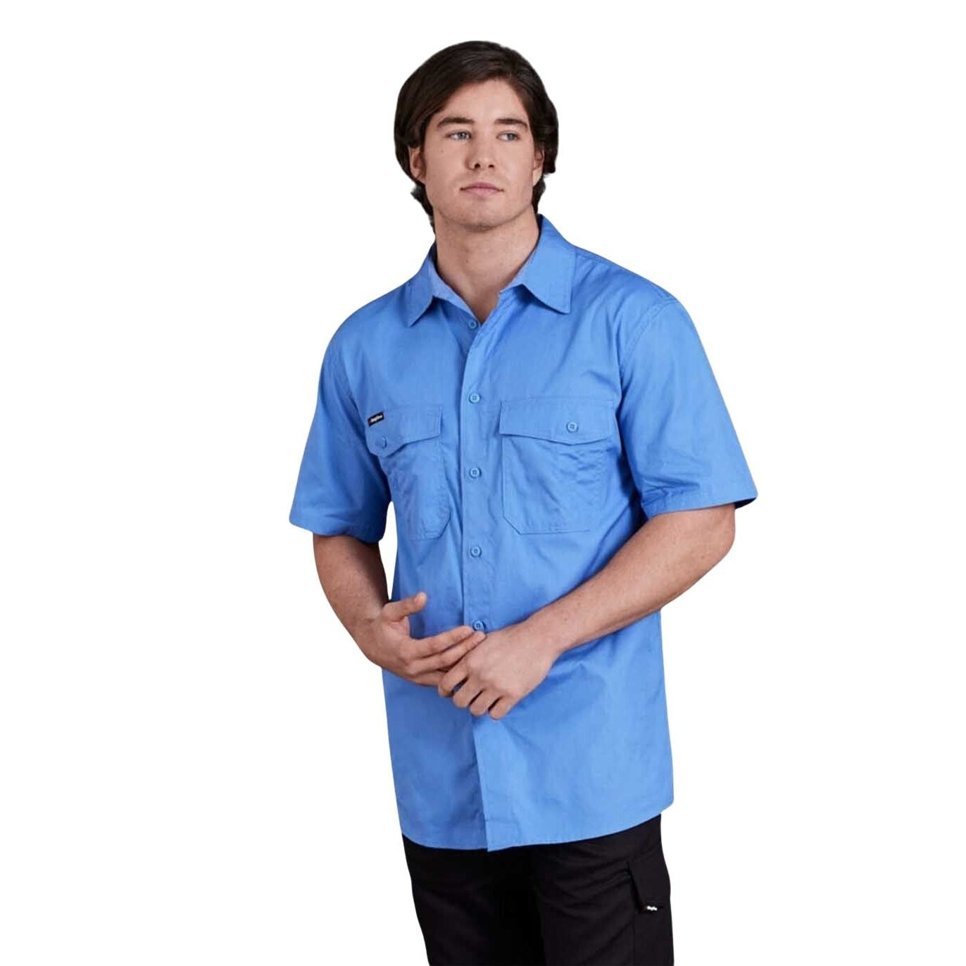 Person wearing a blue short-sleeve shirt on a white background