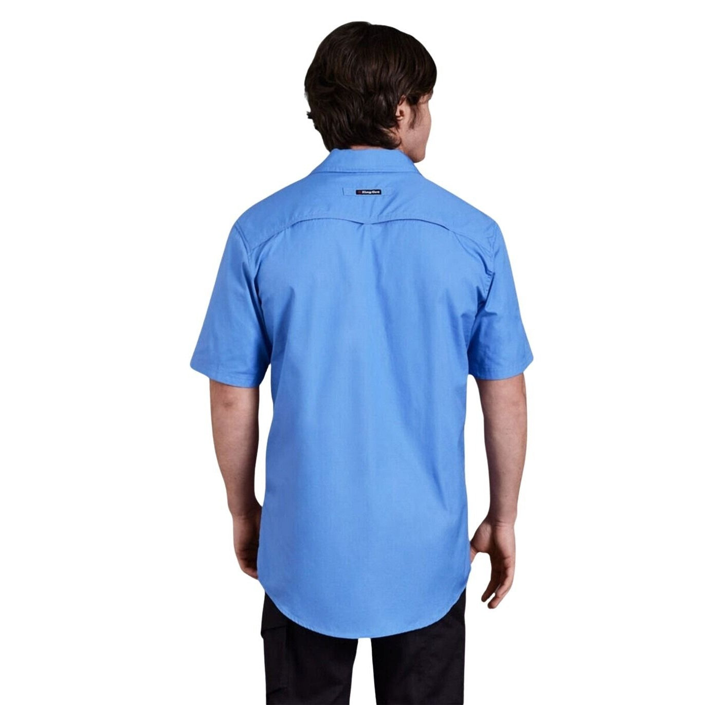 Person wearing a blue shirt on a white background