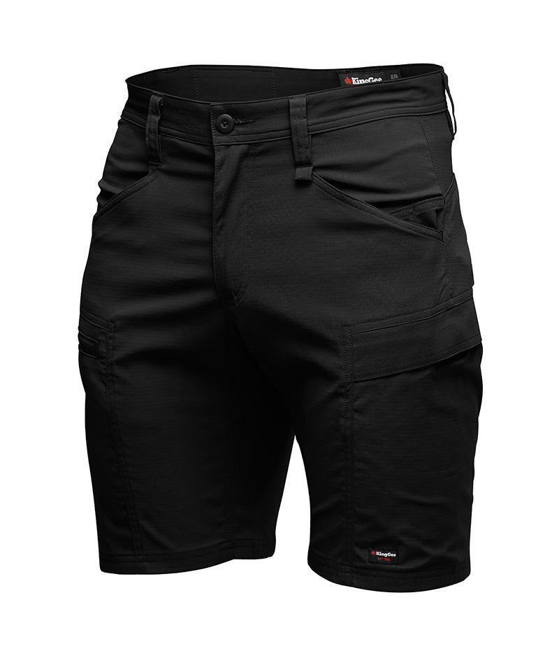 Black shorts with multiple pockets on a white background
