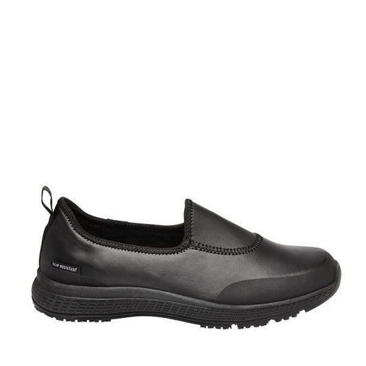 Black slip-on shoe with a white background