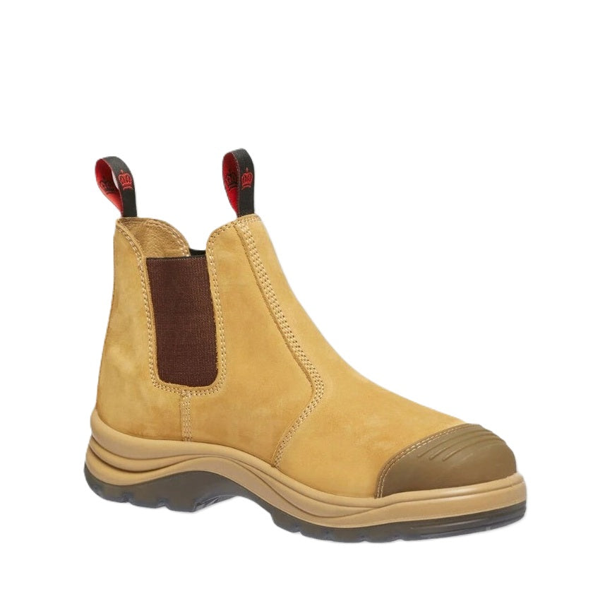 Yellow boot with brown patch on a white background