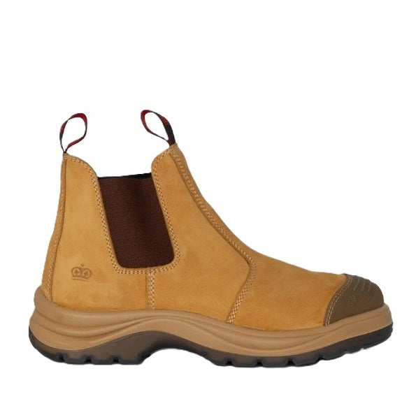 Tan leather boot with brown accents on a white background