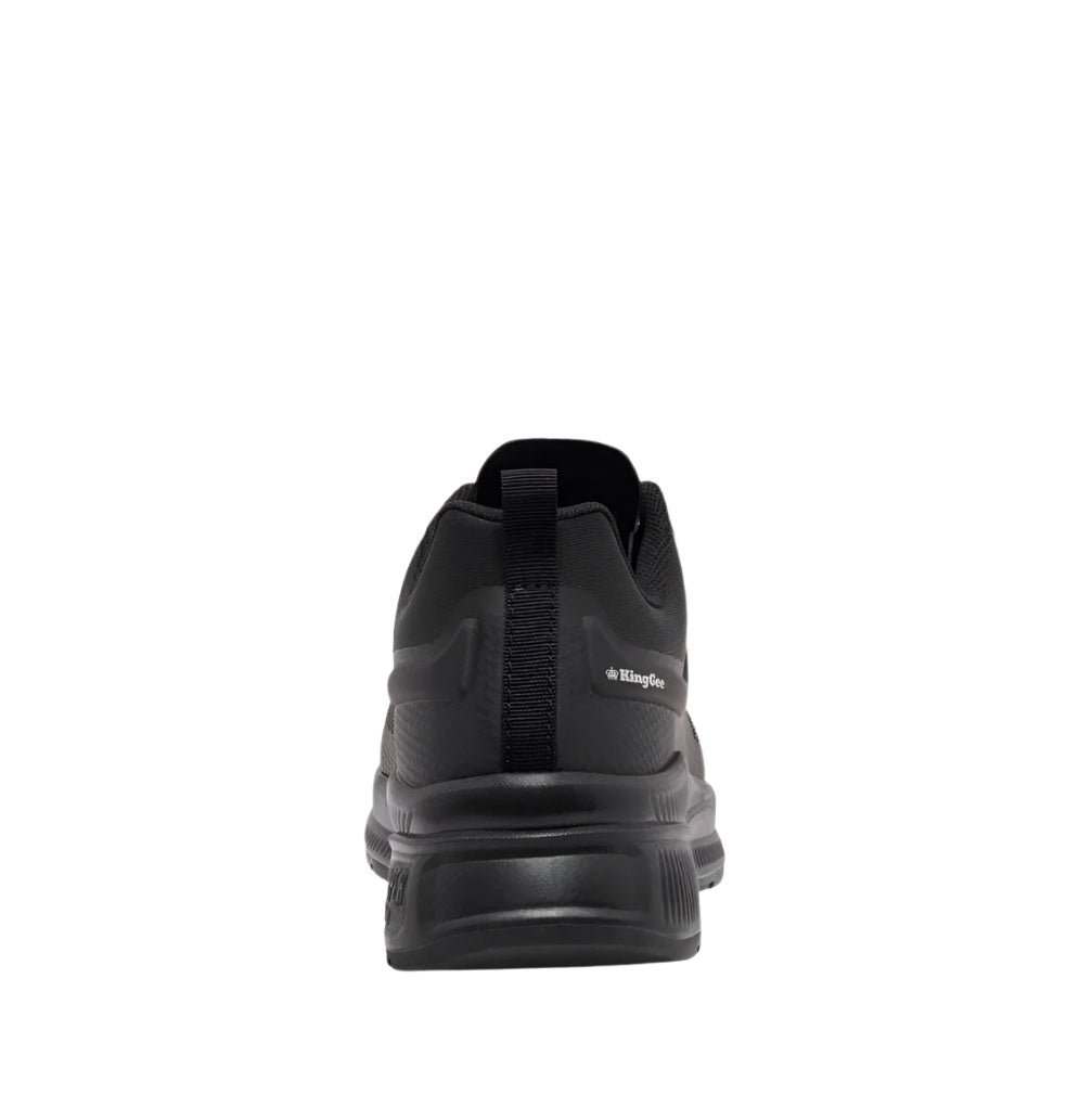 Black sneaker with brand logo on a white background