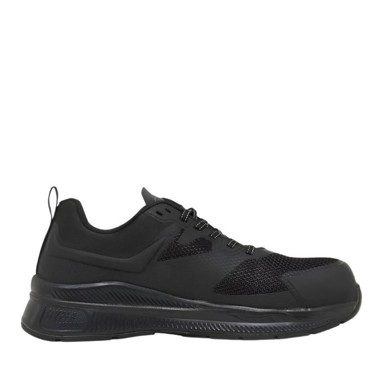 Black slip-on shoe with a zipper on a white background