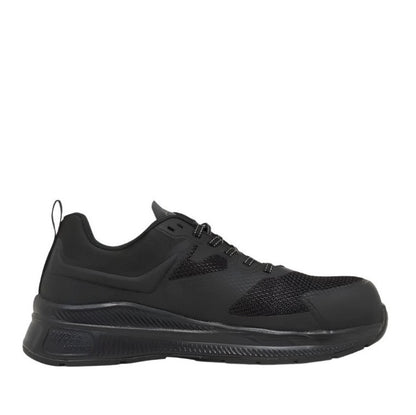 Black slip-on shoe with a zipper on a white background