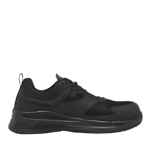 Black slip-on shoe with a zipper on a white background