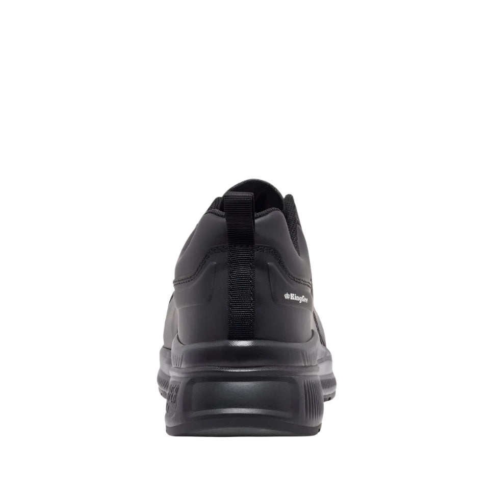 Black shoe with a visible brand logo on a white background
