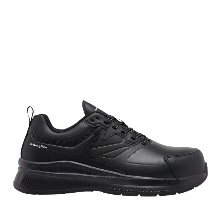 Black athletic shoe with brand logo on a white background