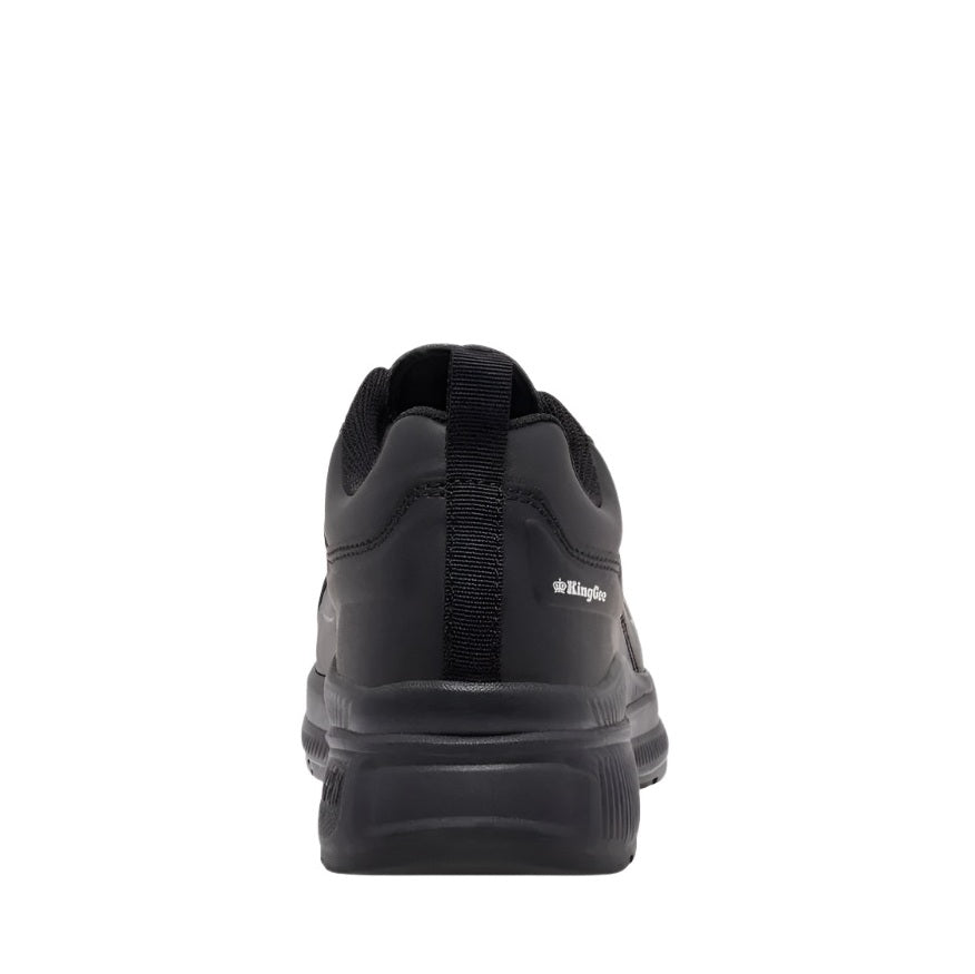 Black shoe with a visible brand logo on a white background