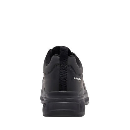 Black shoe with a visible brand logo on a white background