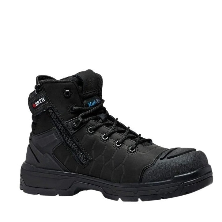 Black boot with brand logo on a white background