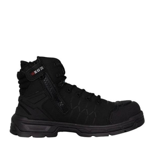 Black tactical boot with visible branding on a white background
