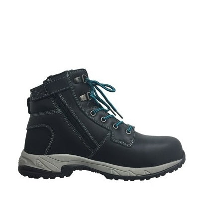 Black hiking boot with teal laces on a white background