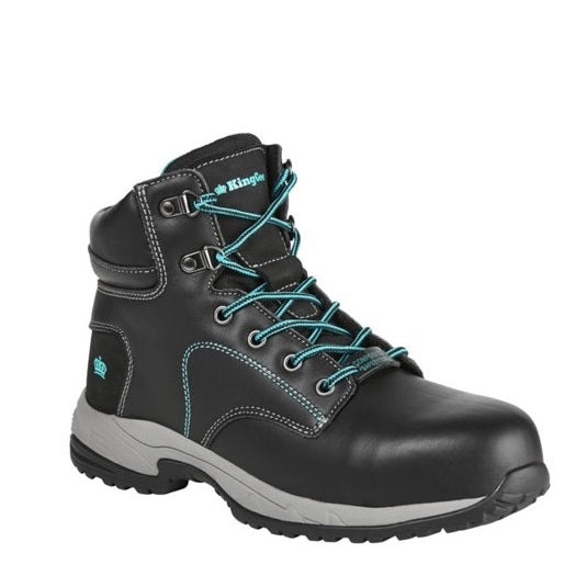 Black work boot with teal laces on a white background