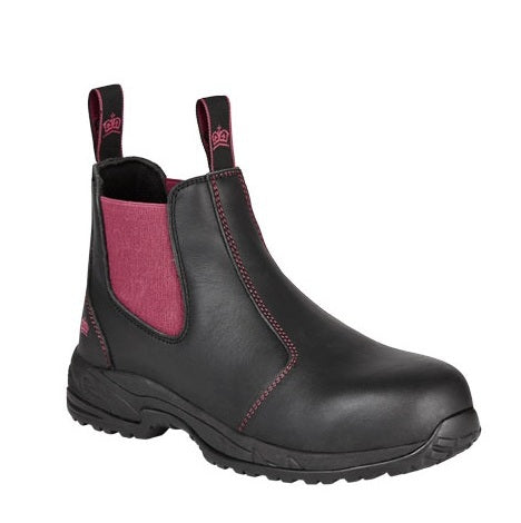Black ankle boot with pink inner lining on a white background