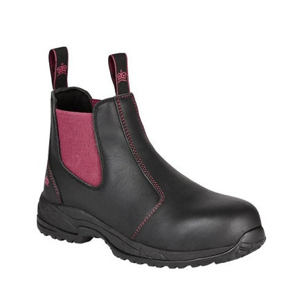 Black ankle boot with pink inner lining on a white background