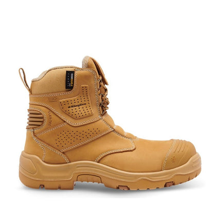 Tan work boot on a white background