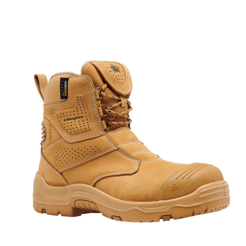 Tan work boot with brand logo on a white background