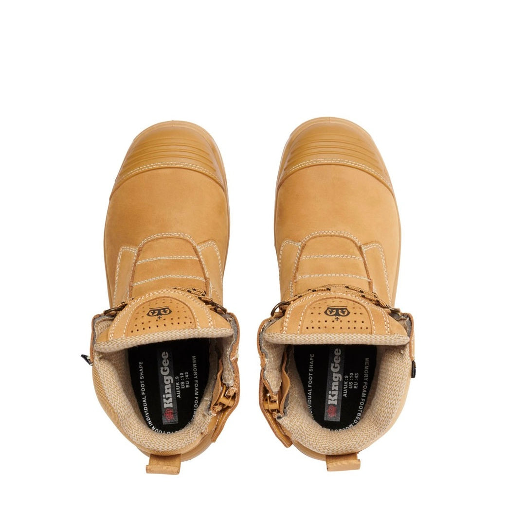 Pair of tan work boots with Klimke branding on a white background