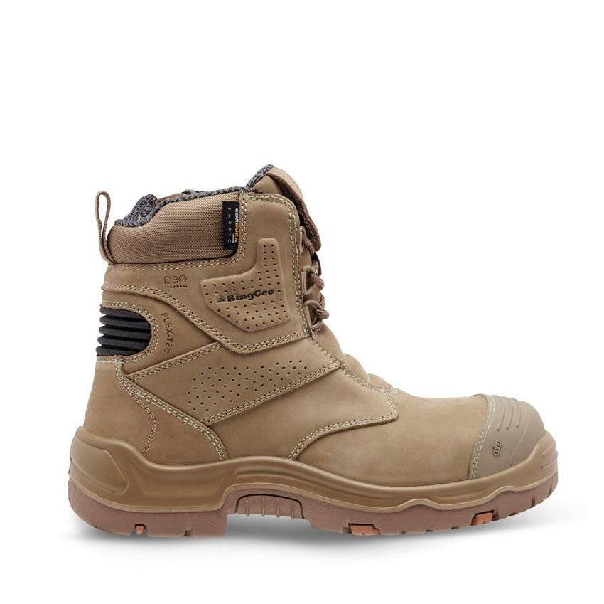 Tan boot with visible brand logo on a white background