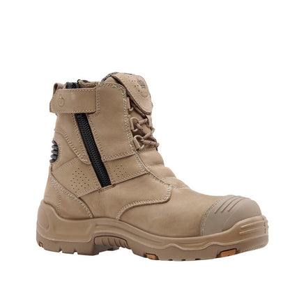 Tan boot with a black zipper on a white background