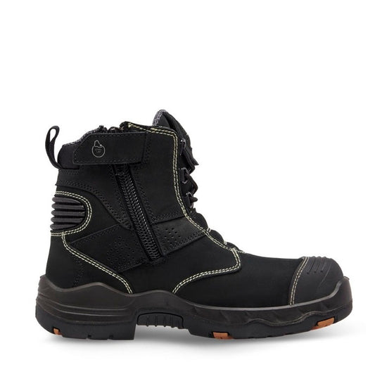 Black boot with a zipper on a white background