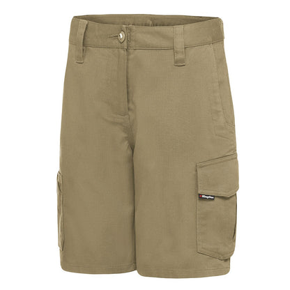 Khaki cargo shorts with a brand logo on a white background