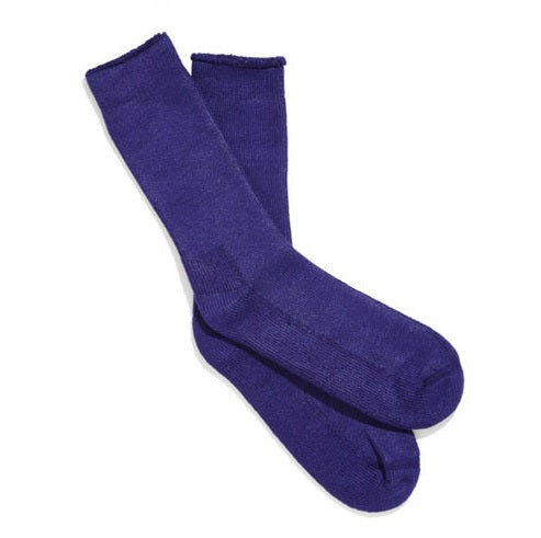 A pair of purple KingGee women's bamboo work socks with a seamless design and padded footbed.