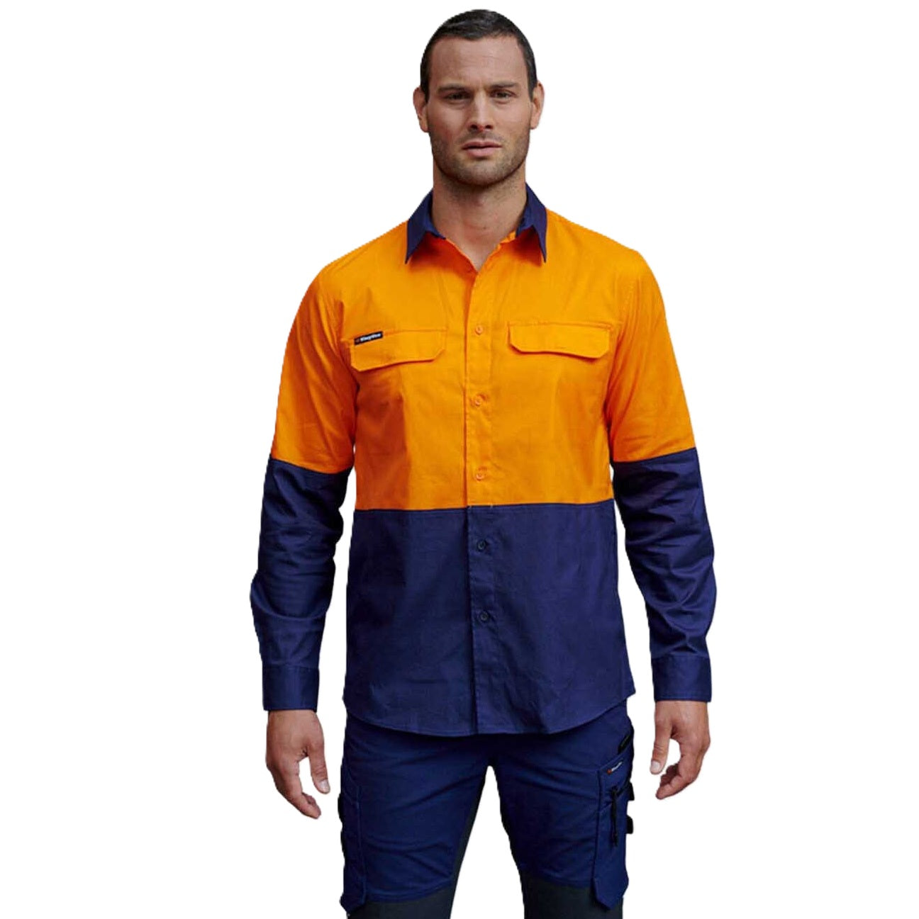 spliced orange navy work shirt on white background