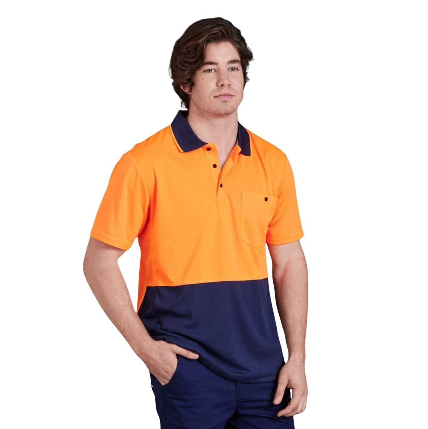 A hi-vis spliced polo shirt with short sleeves, featuring a orange upper half and navy lower half with a collar and button closure at the chest.