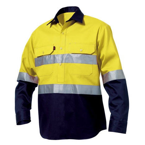 KingGee K54325 HiVis Closed Front Reflective Spliced Drill Long Sleeve Shirt