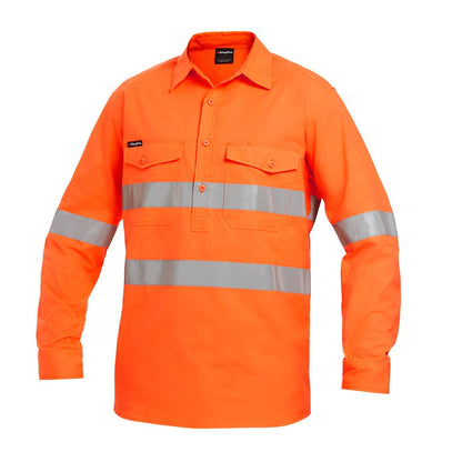 Long-sleeved orange work shirt with reflective silver stripes, closed front, and two chest pockets