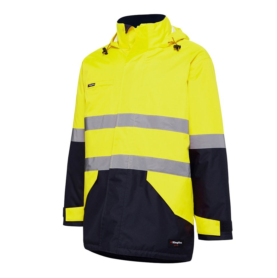 Yellow and black safety jacket with reflective stripes on a white background