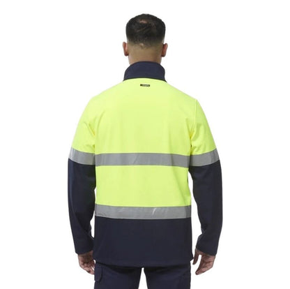 Person wearing a high-visibility jacket with reflective stripes on a white background