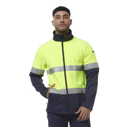 Person wearing a high-visibility jacket with reflective stripes on a white background