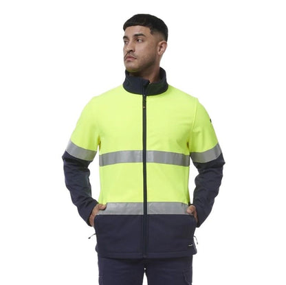 Man wearing a high-visibility jacket with reflective stripes on a white background