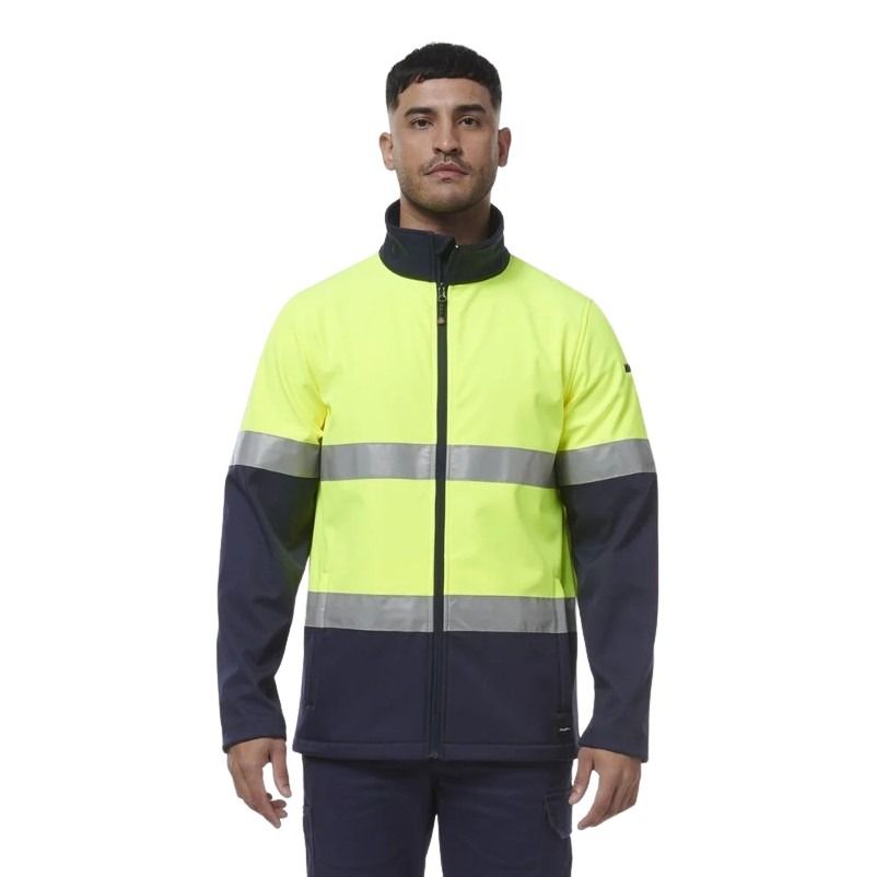 Person wearing a high-visibility jacket with reflective stripes on a white background