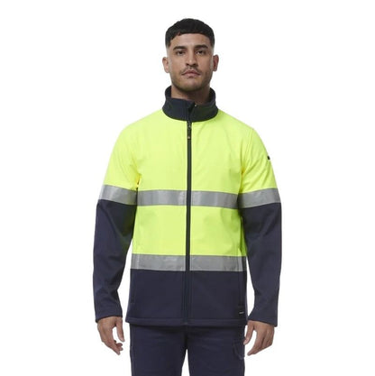 Person wearing a high-visibility jacket with reflective stripes on a white background
