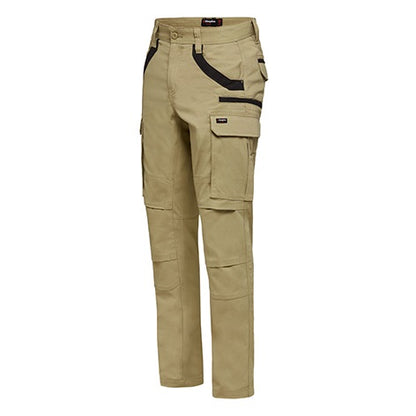 Beige cargo pants with multiple pockets on a white background