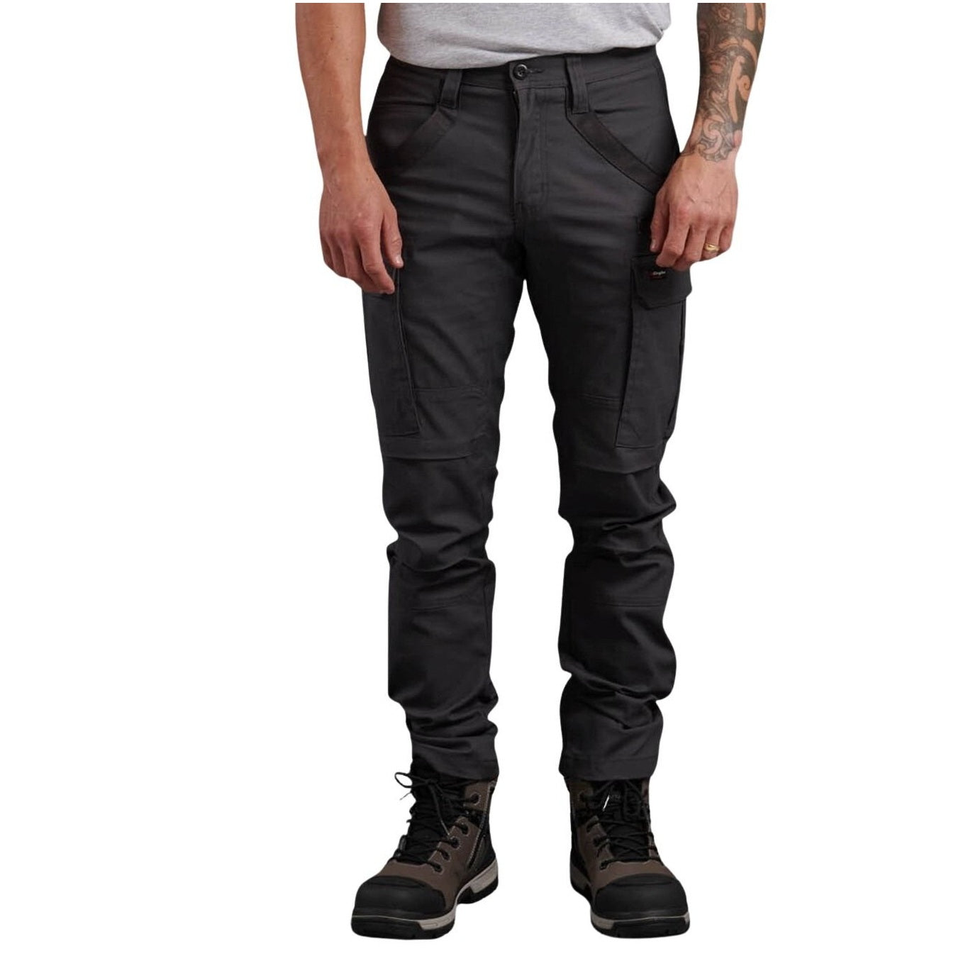 Person wearing dark gray pants on a white background