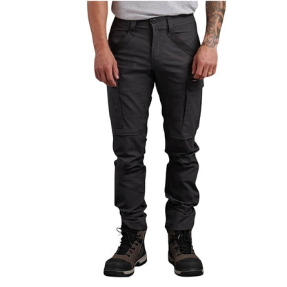 Person wearing dark gray pants on a white background