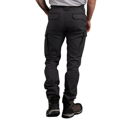 Person wearing black tactical pants on a white background