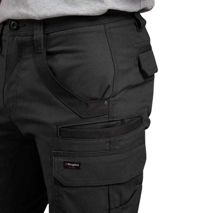 Black cargo pants with a visible brand label on a white background