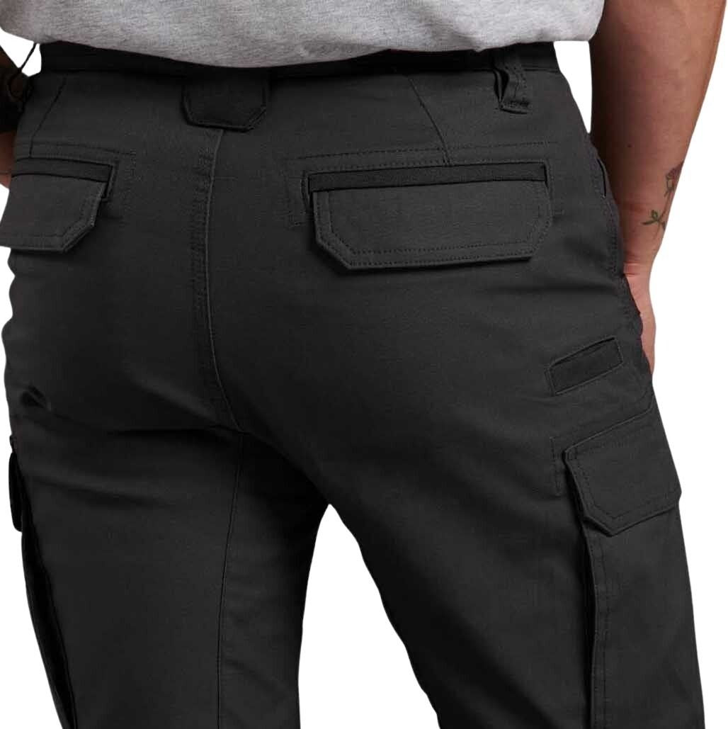 Black cargo pants worn by a person on a white background