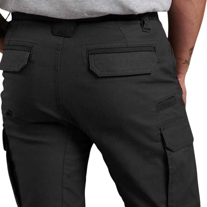Black cargo pants worn by a person on a white background