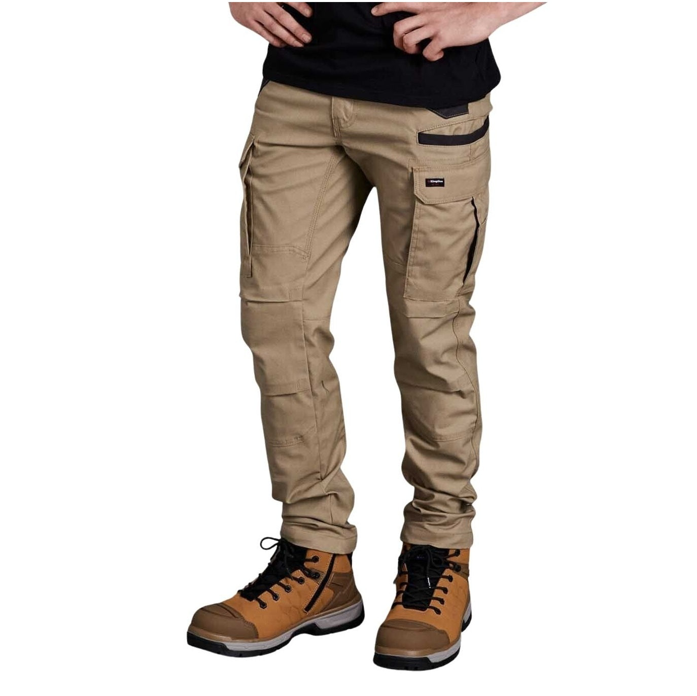 Beige cargo pants worn by a person on a white background