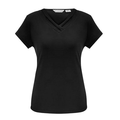Womens black fashionable stretch fabric semi fitted Biz Collection K819LS Lana Ladies V-Neck Short Sleeve Top