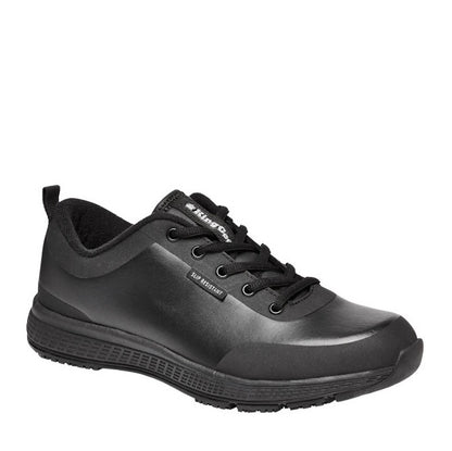 Black sneaker with brand logo on a white background